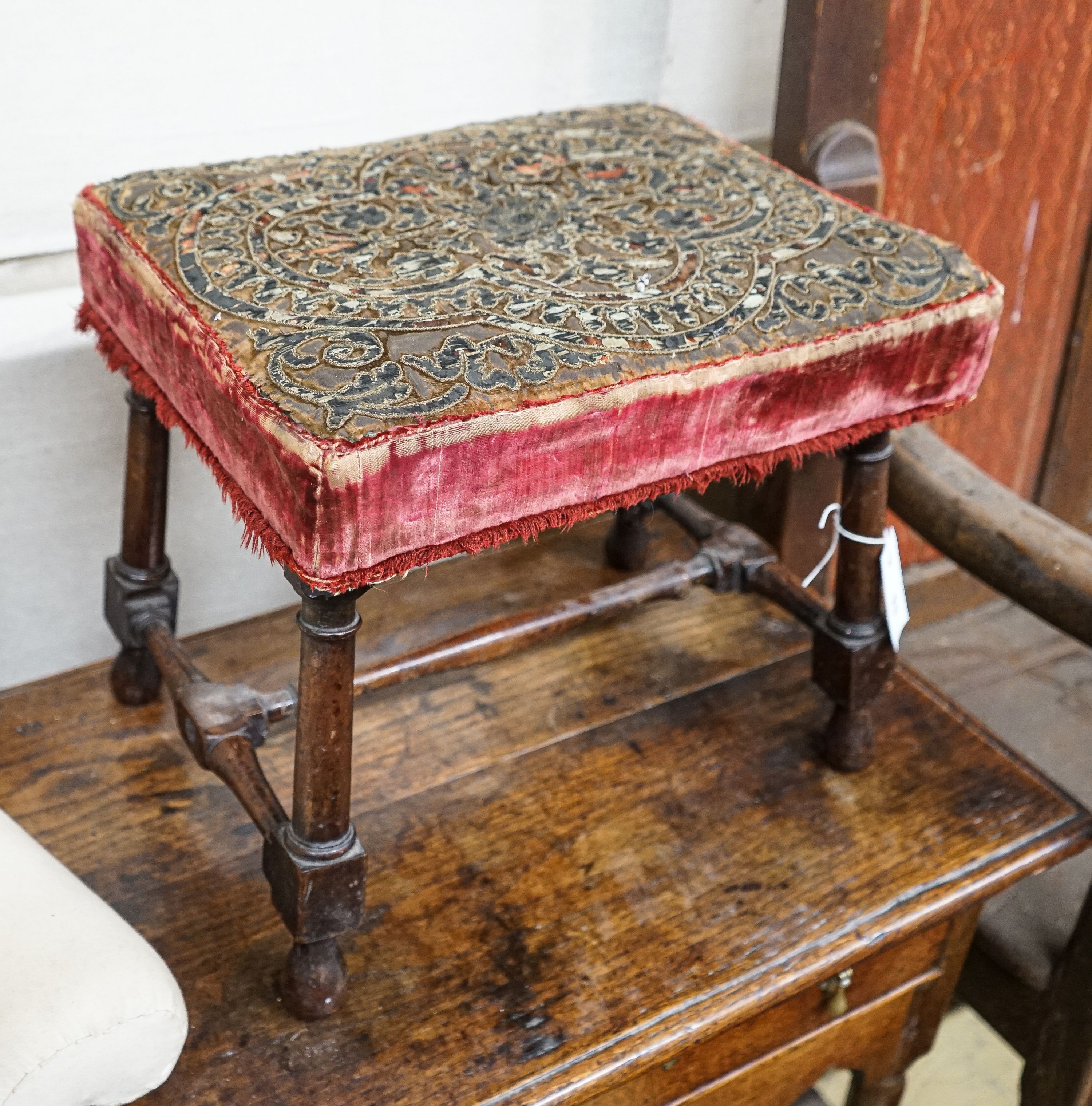 A George III turned mahogany stool with later Turkish bullion work embroidered seat, length 42cm, depth 32cm, height 37cm